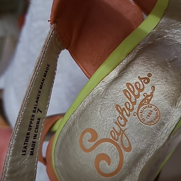 Seychelles Size 7 Peach, Lime Green, Tan Leather Heeled Sandals - Picture 10 of 10